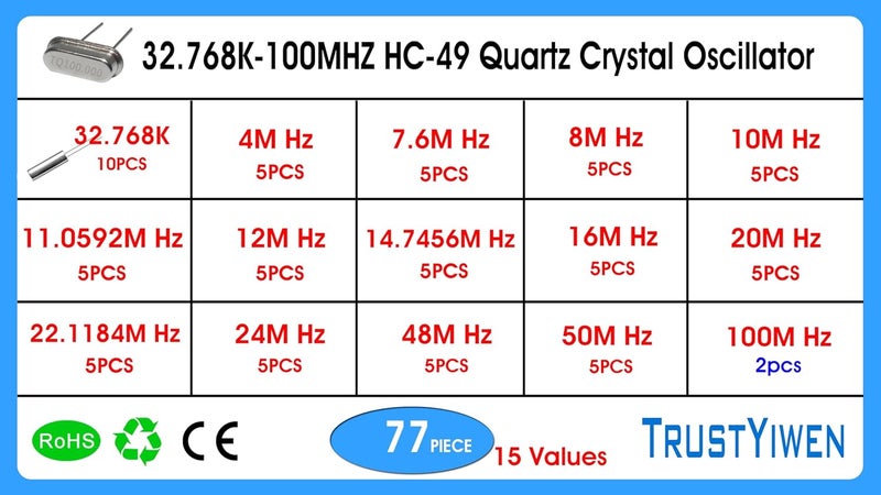 Ubarpt 15 Values 77 Pcs HC-49 Quartz Crystal Oscillator 32.768K 4 MHz, 7.6 MHz, 8 MHz, 10 MHz, 11.0592 MHz, 12 MHz,14.7456MHZ, 16 MHz, 20 MHz, 22.1184 MHz,24 MHz,48 MHz,50 MHz,100 MHz Assortment Kit - Image 3